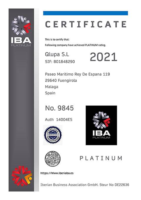 IBA certificate Iberia Business Association Members Platinum Qlupa Property